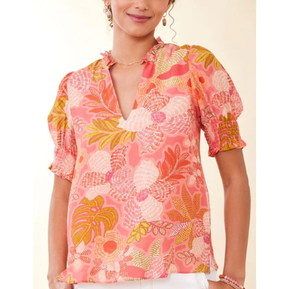 Spartina 449 Pink and Mustard Tropical Floral Puff-Sleeve Blouse